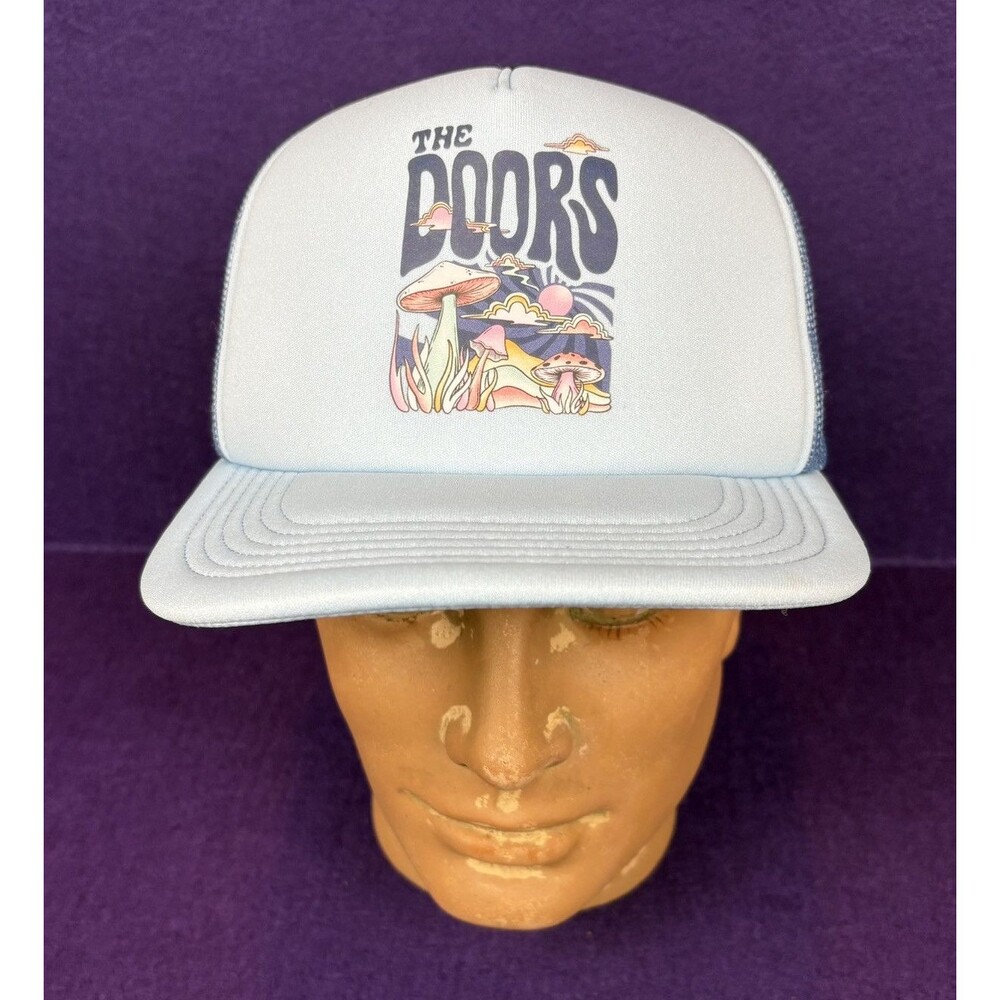 AMERICAN EAGLE THE DOORS TRUCKER HAT LIGHT BLUE 70S ROCK N ROLL CAP MUSHROOMS